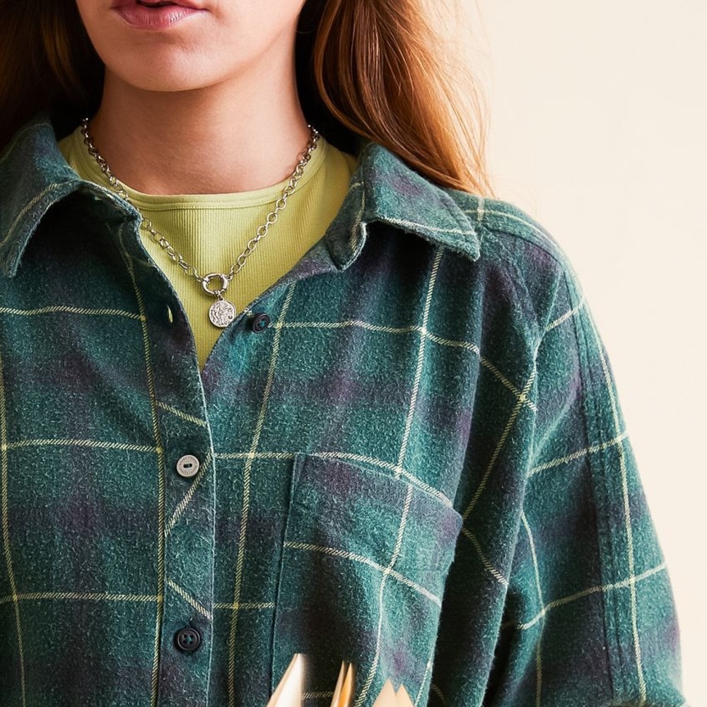 Gilded Intent Buckle Faded Wash Plaid Flannel Button-Down Shirt Raw Hem Large - Picture 5 of 10
